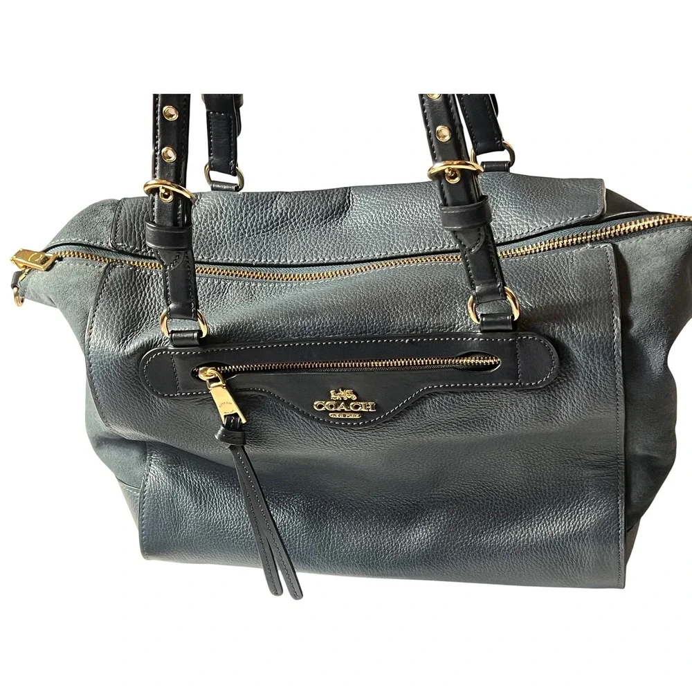 Coach Kleo Carryall Bag Teal‎ and Navy Blue Pebbled Leather Suede Handbag
